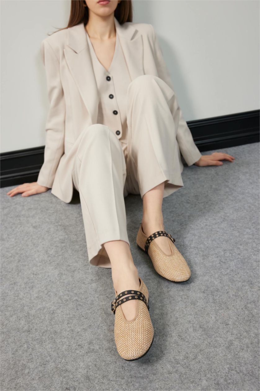 Woman Beige Woman Double Strap Straw Ballerina Flat Shoes
