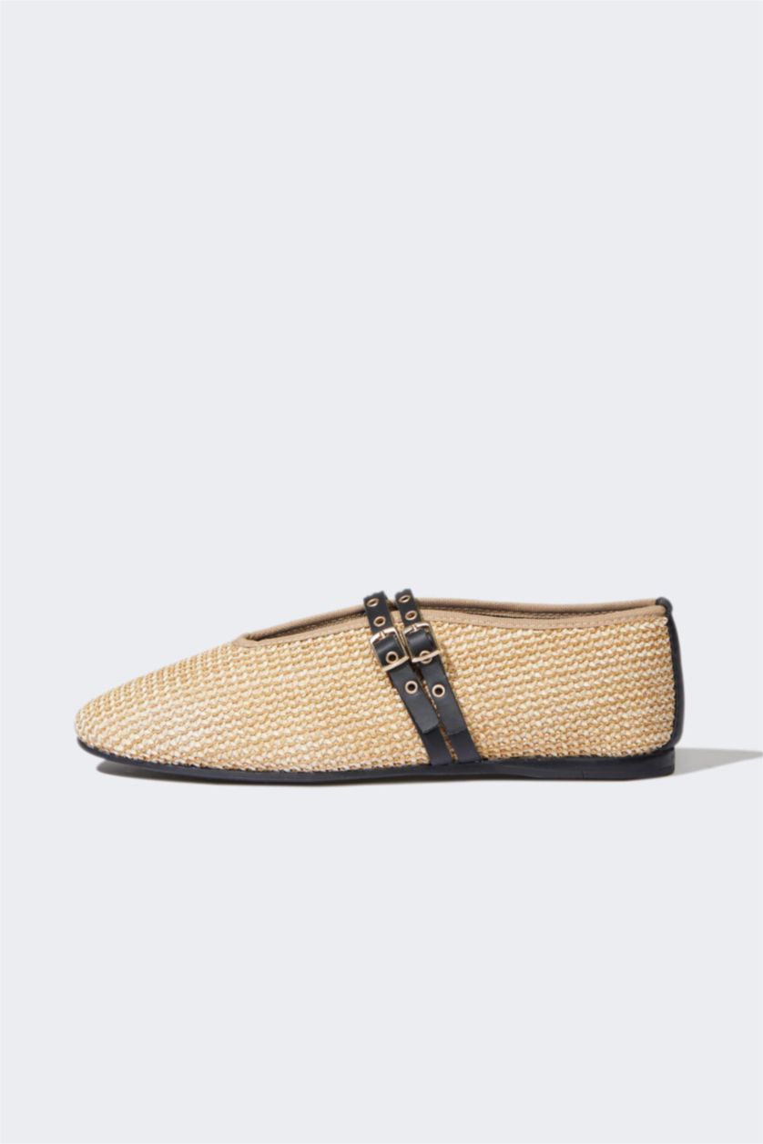 Woman Beige Woman Double Strap Straw Ballerina Flat Shoes