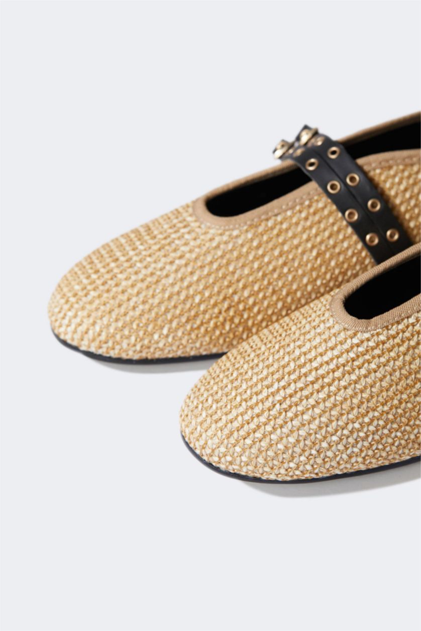 Woman Beige Woman Double Strap Straw Ballerina Flat Shoes