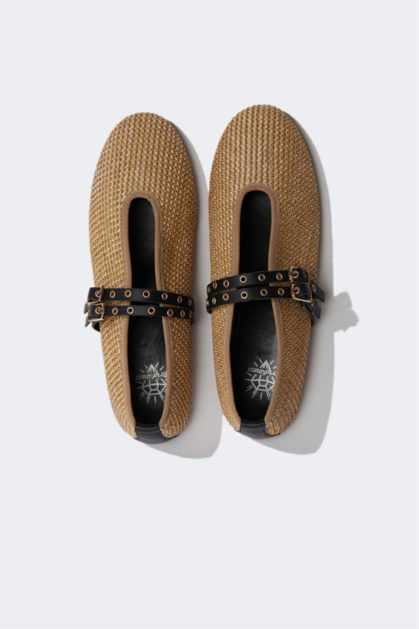 Woman Beige Woman Double Strap Straw Ballerina Flat Shoes