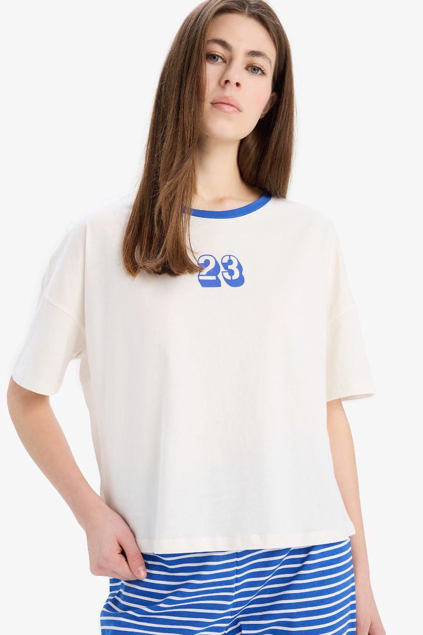 Kadın Saks Pijama Takımı Kısa Kollu Üst Beli Lastikli Uzun Alt