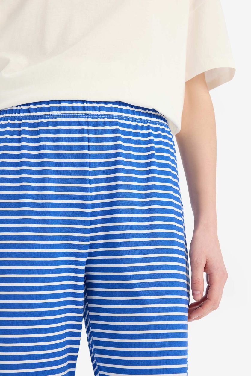 Kadın Saks Pijama Takımı Kısa Kollu Üst Beli Lastikli Uzun Alt