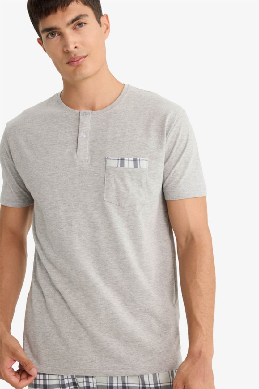 Erkek Gri Melanj Pijama Takımı Regular Fit Kısa Kollu Üst Kareli Şort