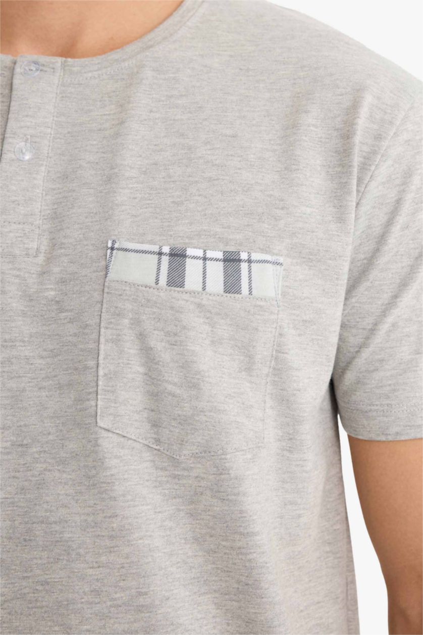 Erkek Gri Melanj Pijama Takımı Regular Fit Kısa Kollu Üst Kareli Şort