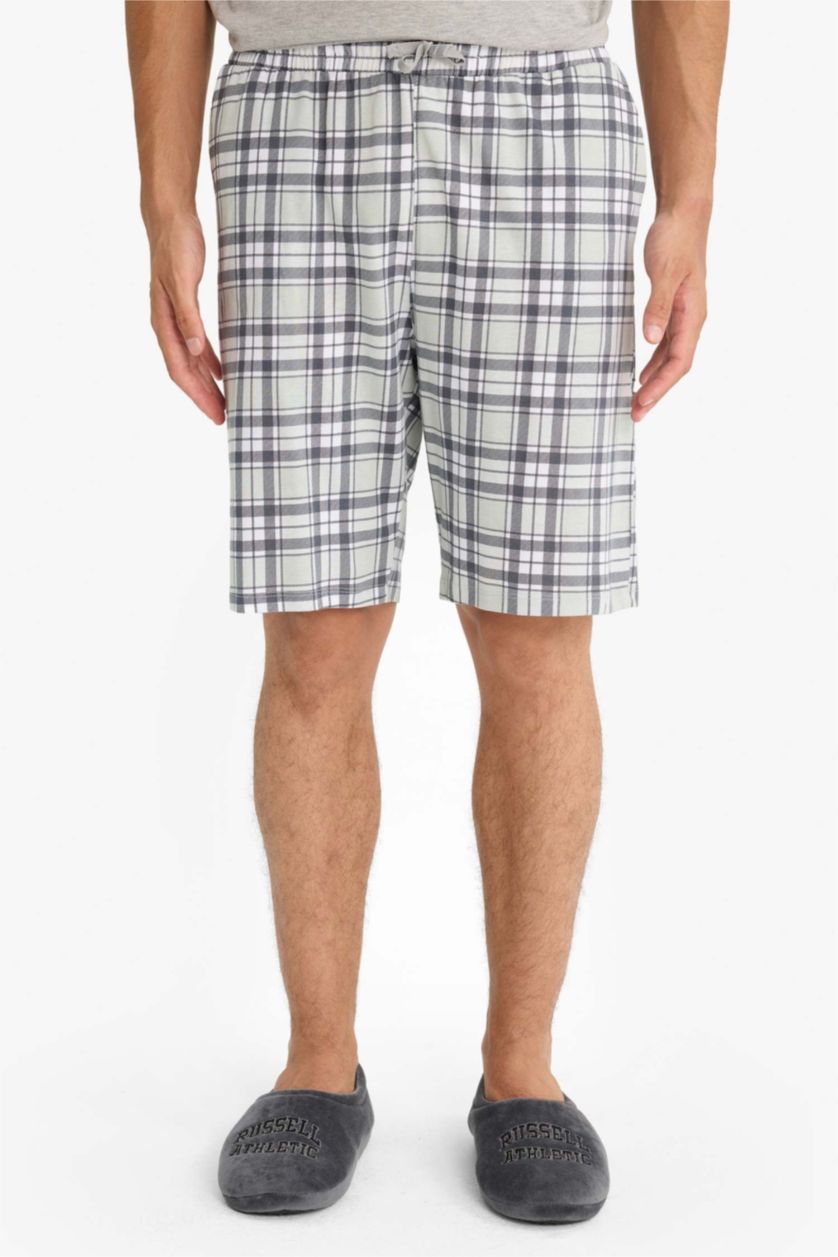 Erkek Gri Melanj Pijama Takımı Regular Fit Kısa Kollu Üst Kareli Şort