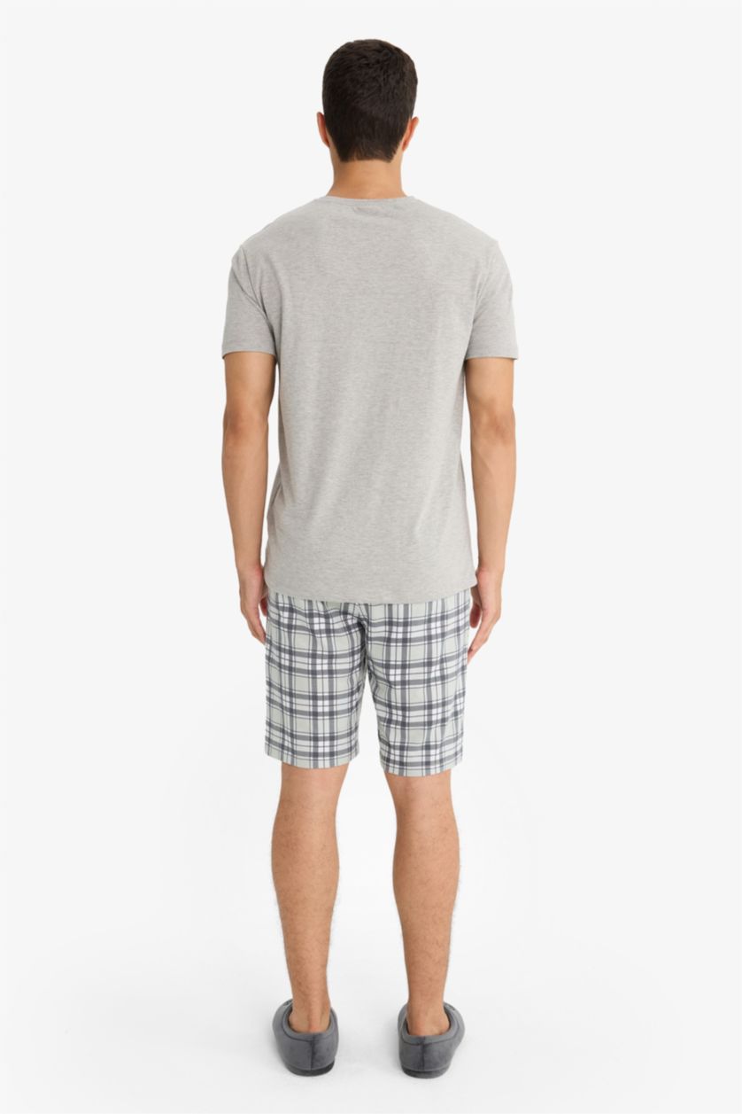 Erkek Gri Melanj Pijama Takımı Regular Fit Kısa Kollu Üst Kareli Şort