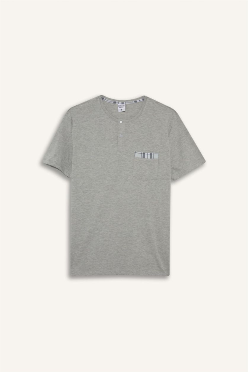 Erkek Gri Melanj Pijama Takımı Regular Fit Kısa Kollu Üst Kareli Şort