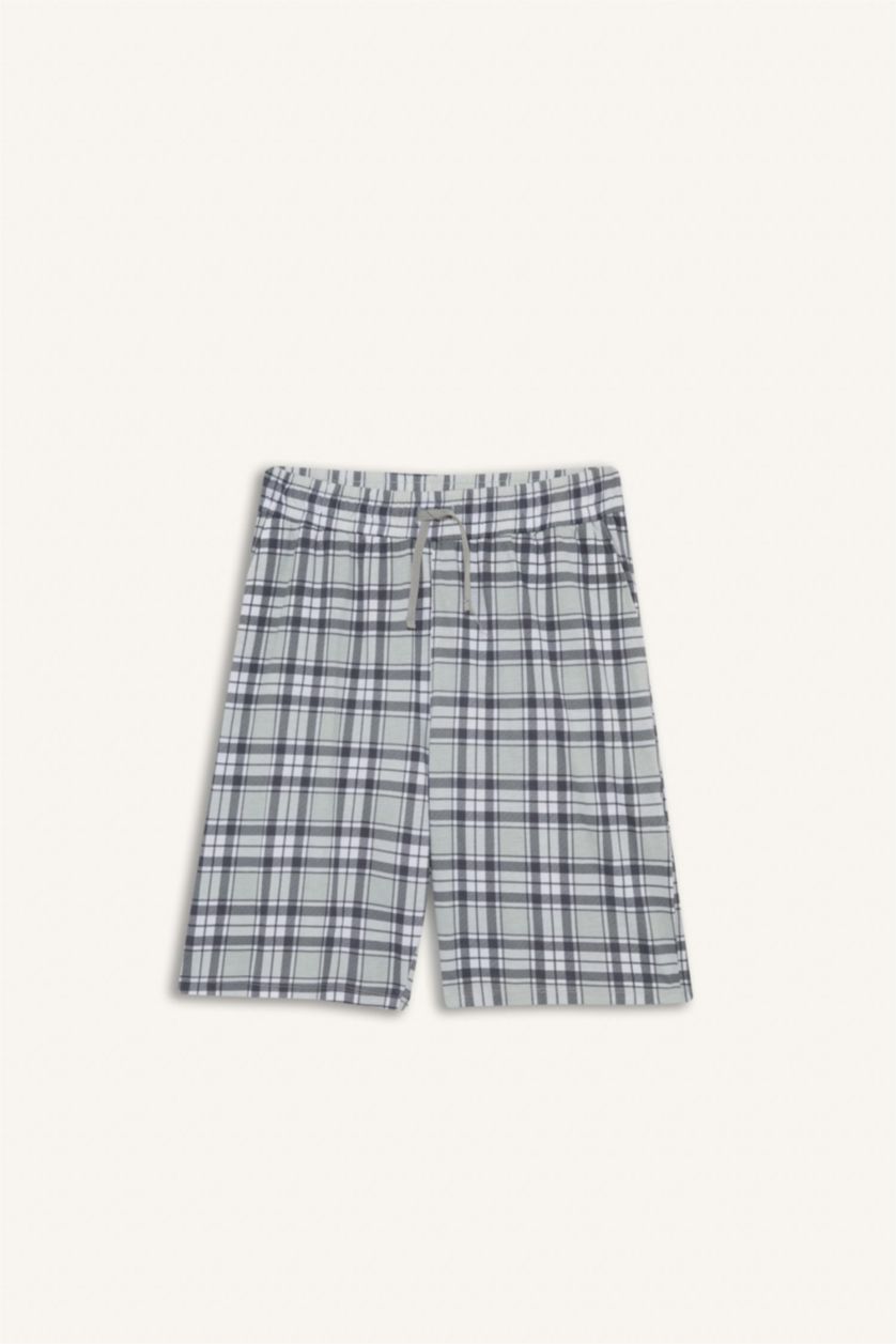Erkek Gri Melanj Pijama Takımı Regular Fit Kısa Kollu Üst Kareli Şort