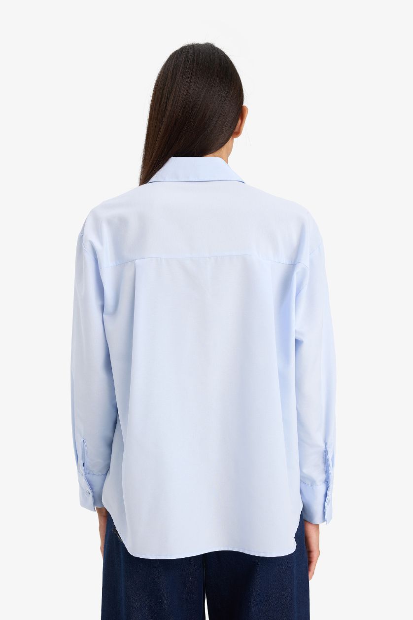 Kadın Mavi Oversize Geniş Kalıp Poplin Uzun Kollu Gömlek