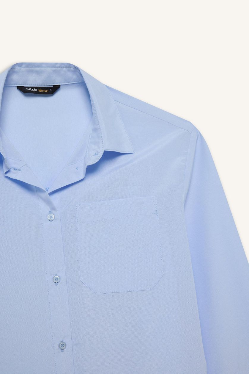 Kadın Mavi Oversize Geniş Kalıp Poplin Uzun Kollu Gömlek