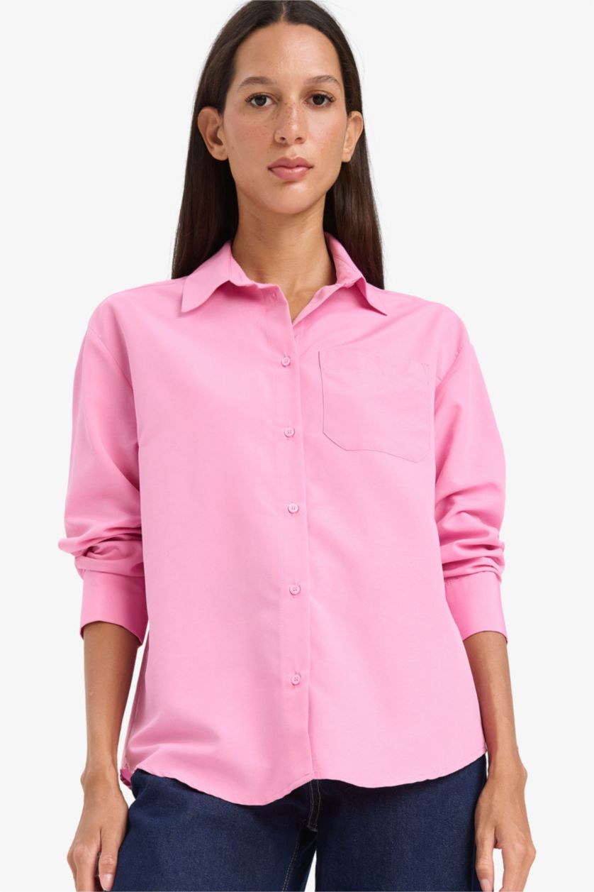 Woman Pink Oversize Fit Shirt Collar Poplin Long Sleeve Shirt