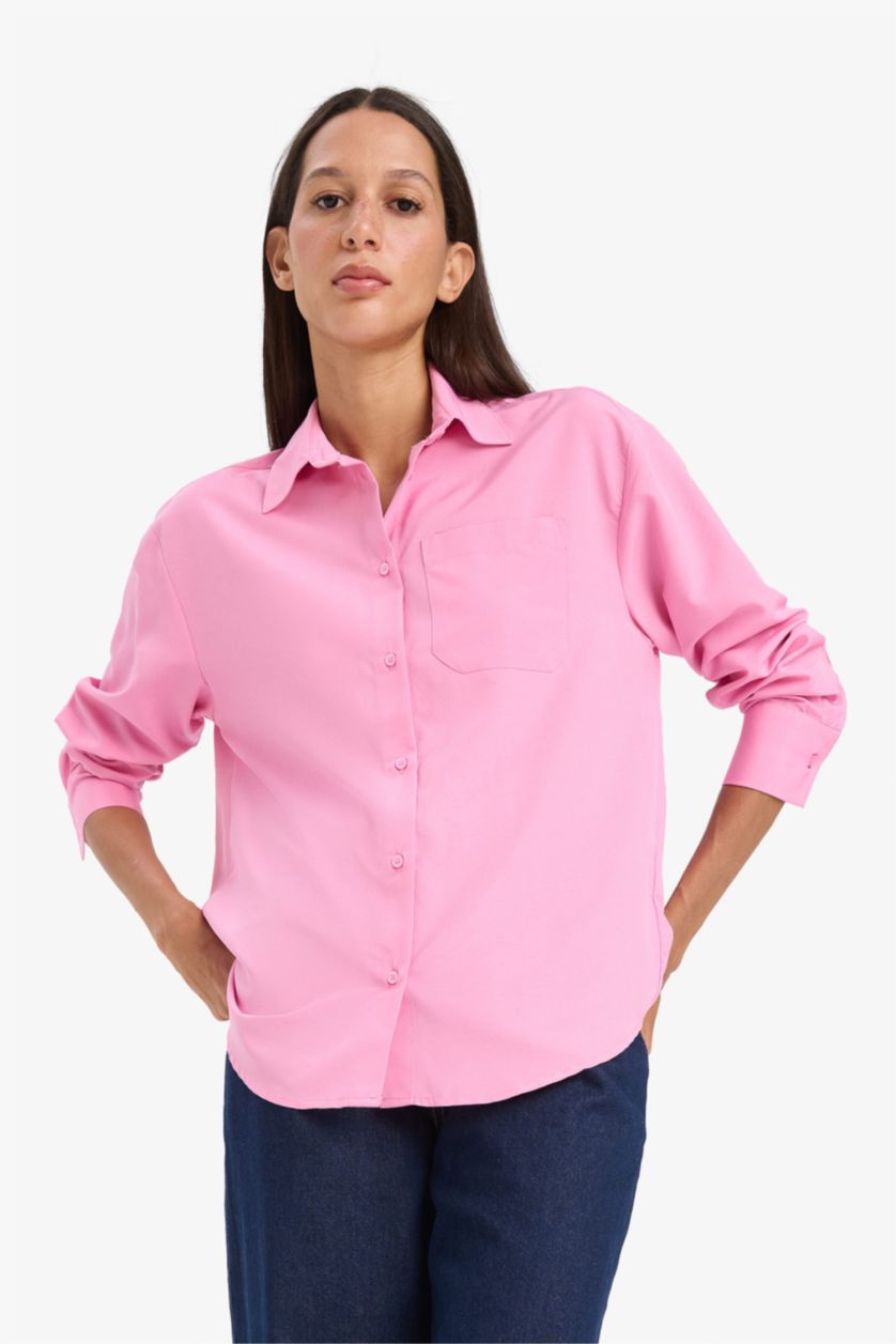 Woman Pink Oversize Fit Shirt Collar Poplin Long Sleeve Shirt