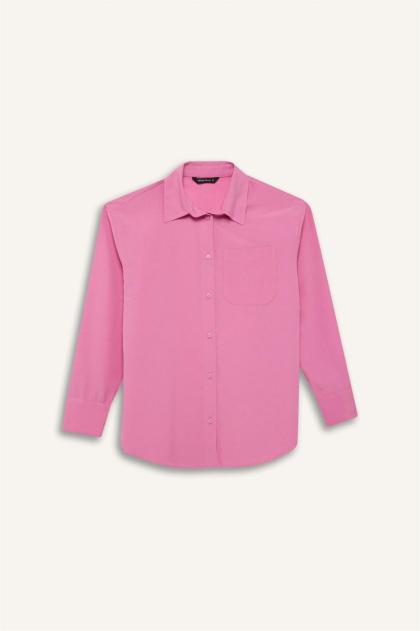 Woman Pink Oversize Fit Shirt Collar Poplin Long Sleeve Shirt
