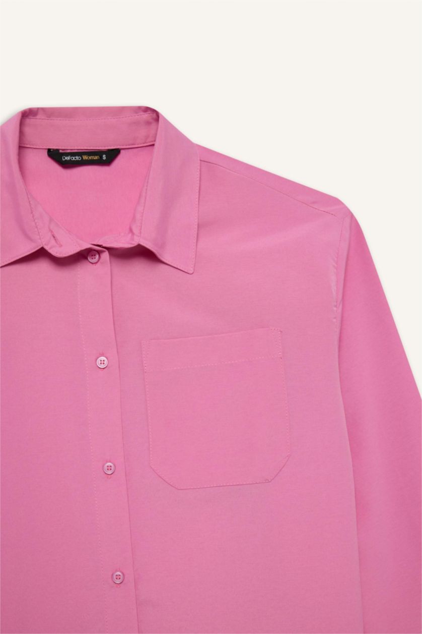 Woman Pink Oversize Fit Shirt Collar Poplin Long Sleeve Shirt