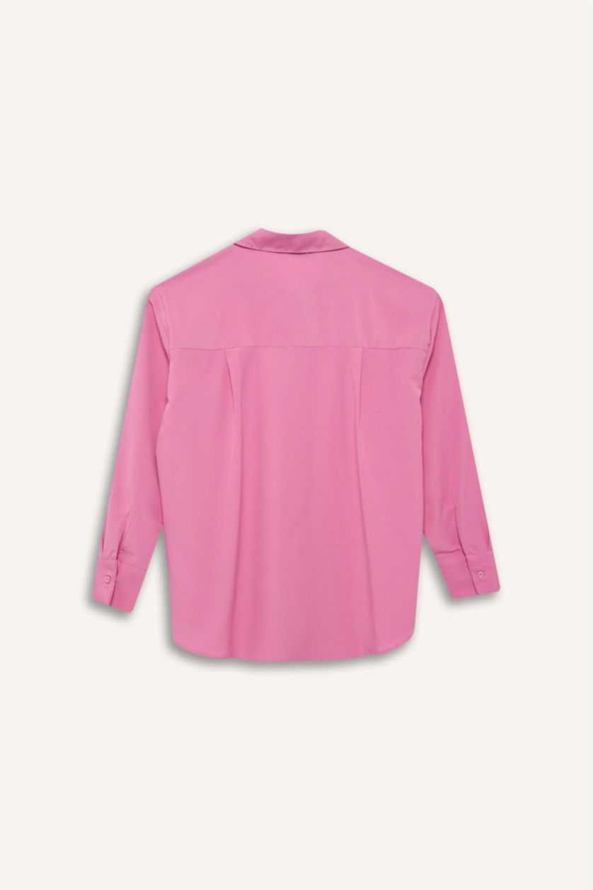 Woman Pink Oversize Fit Shirt Collar Poplin Long Sleeve Shirt