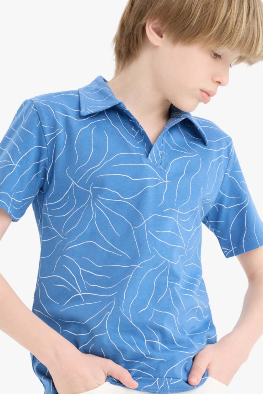 Erkek Çocuk - Genç Erkek Koyu Mavi Apaş Yaka Desenli Kısa Kollu Tişört Erkek Çocuk