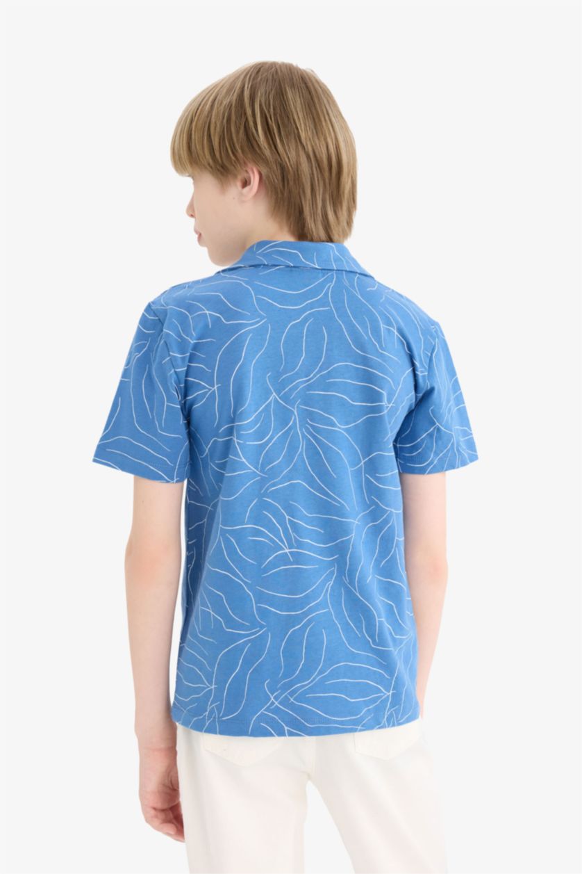 Erkek Çocuk - Genç Erkek Koyu Mavi Apaş Yaka Desenli Kısa Kollu Tişört Erkek Çocuk