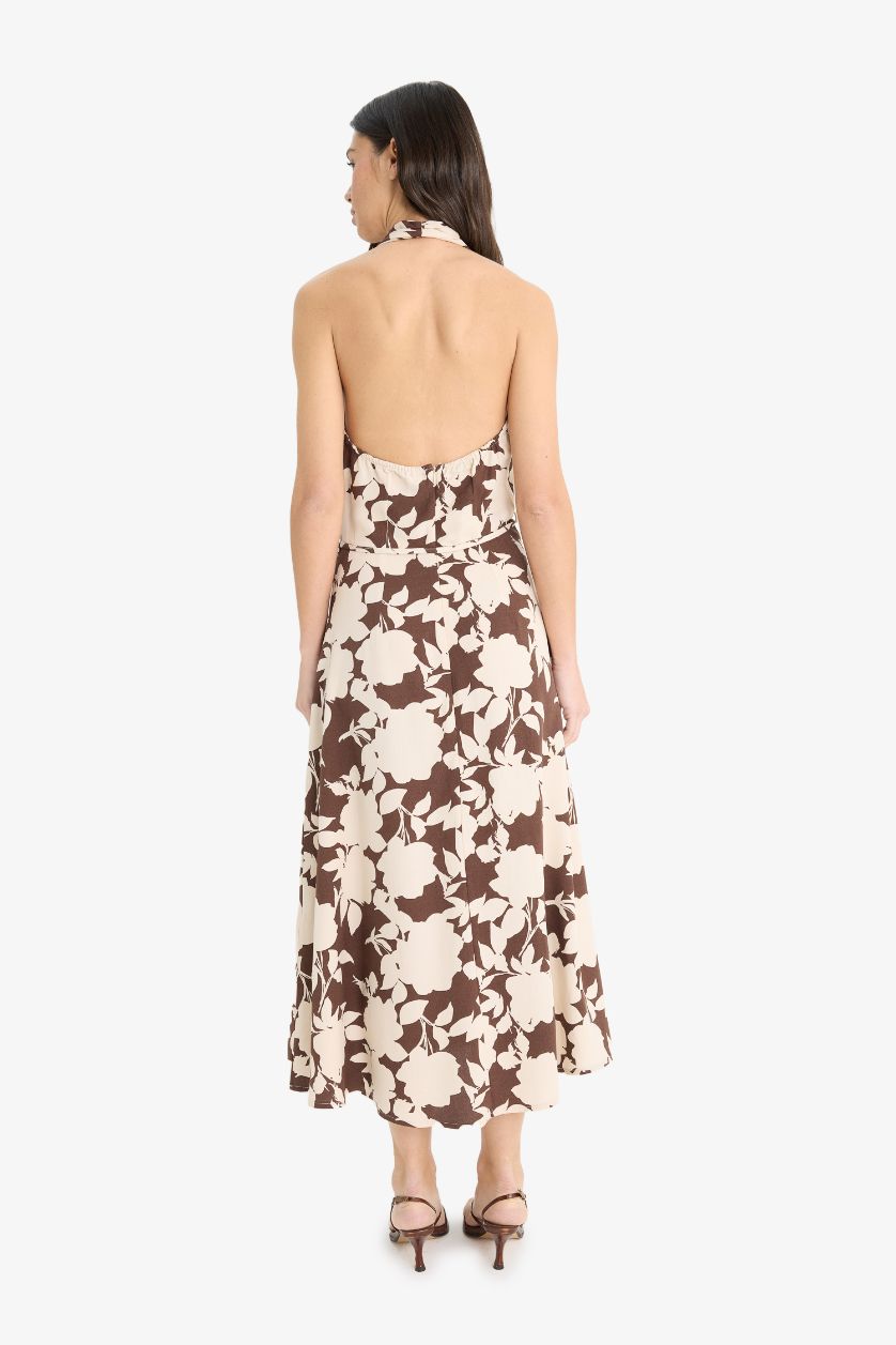Kadın Kahve Keten Karışımlı Boyundan Bağlamalı Çiçek Desenli Maxi Elbise