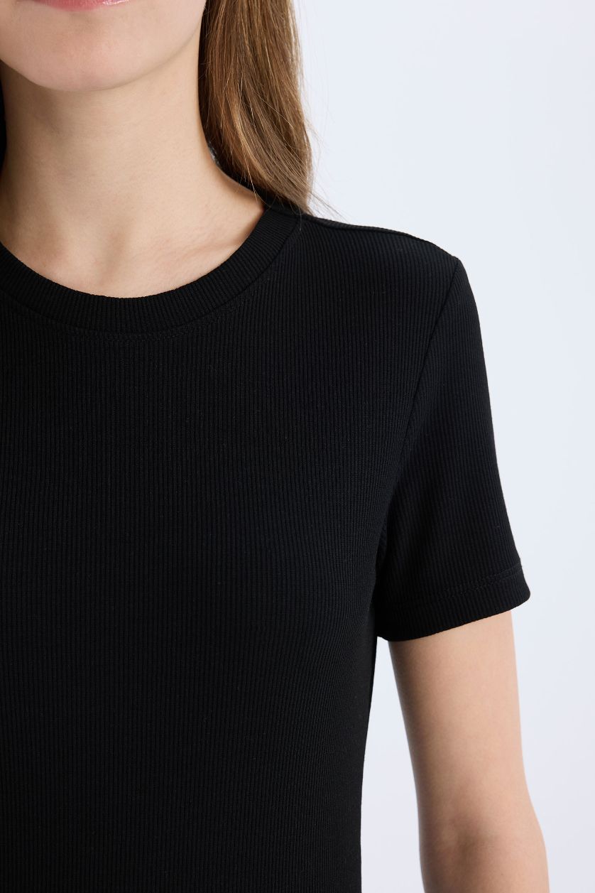 Kadın Siyah Bodycon Vücudu Saran Bisiklet Yaka Fitilli Kaşkorse Kısa Kollu Mini Elbise