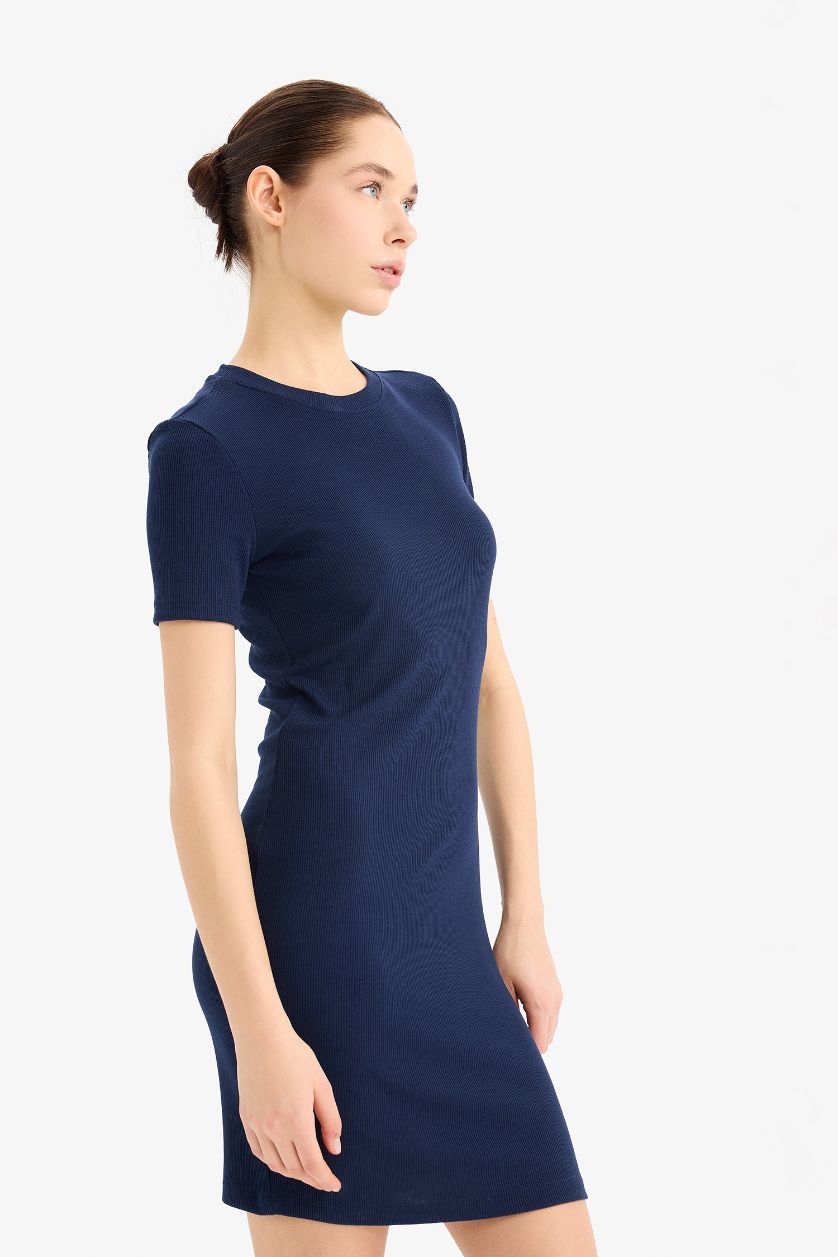 Kadın Lacivert Bodycon Vücudu Saran Bisiklet Yaka Fitilli Kaşkorse Kısa Kollu Mini Elbise