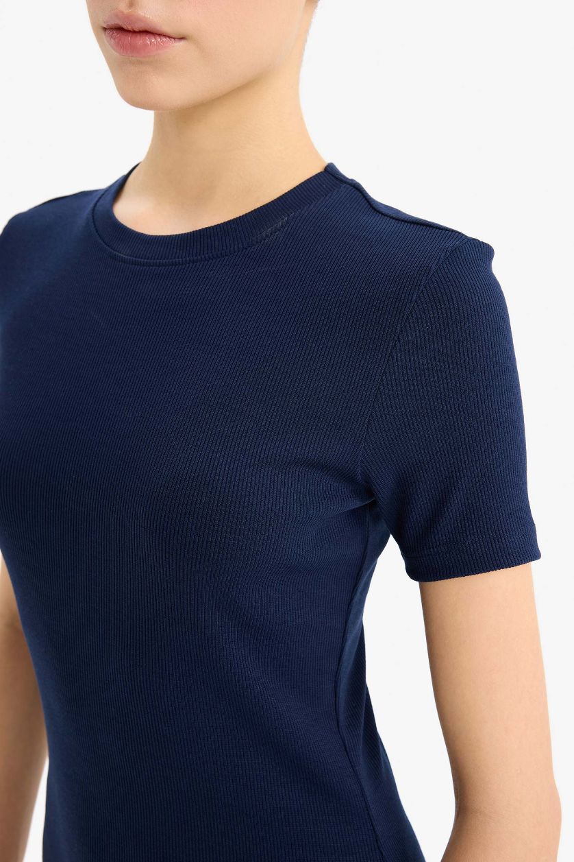 Kadın Lacivert Bodycon Vücudu Saran Bisiklet Yaka Fitilli Kaşkorse Kısa Kollu Mini Elbise