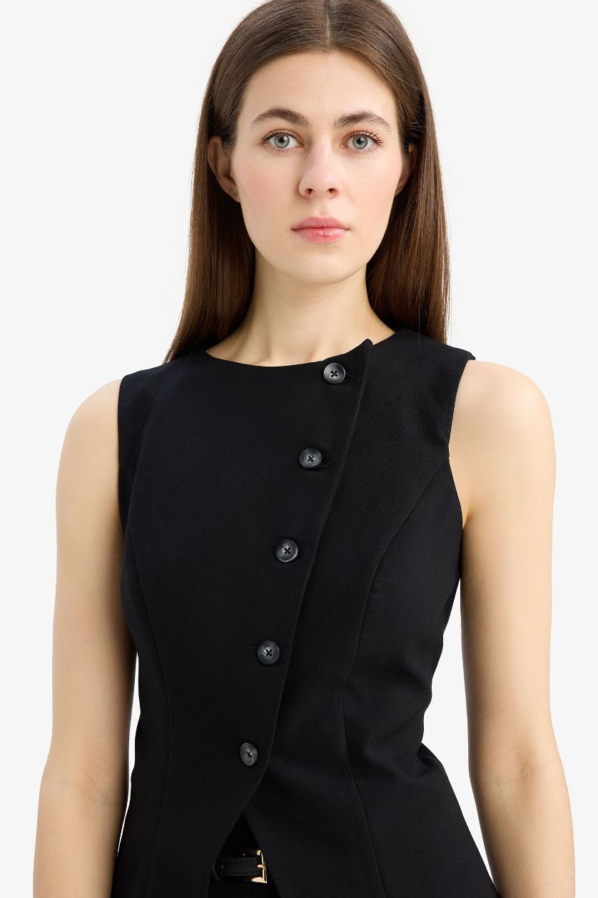 نساء أسود جيلي  قصة عادية برقبة مستديرة و أزرار