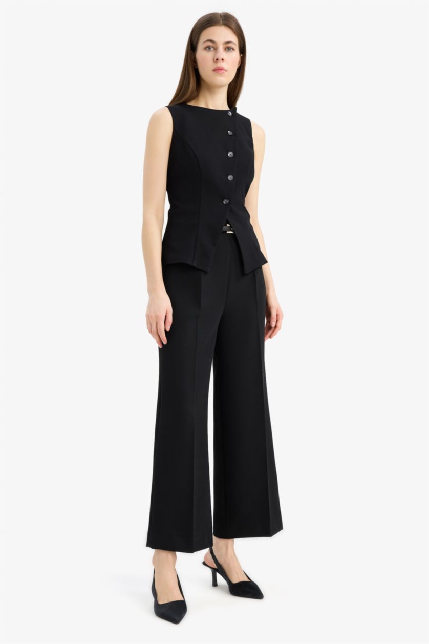 نساء أسود جيلي  قصة عادية برقبة مستديرة و أزرار