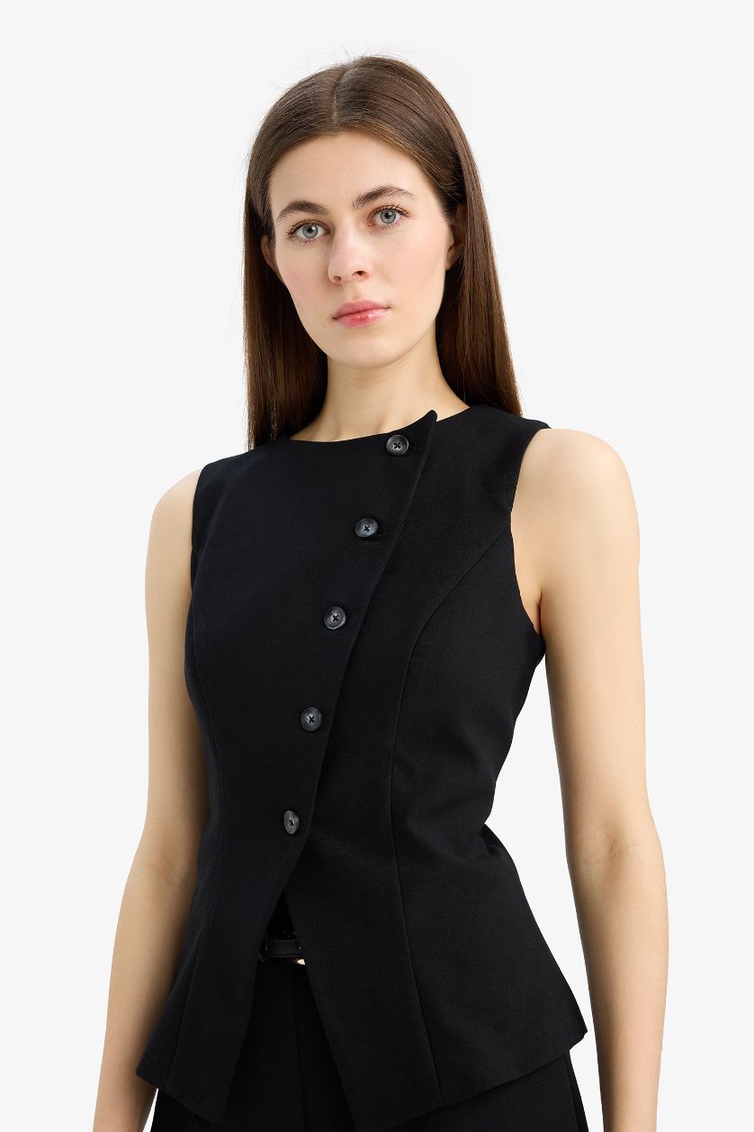 نساء أسود جيلي  قصة عادية برقبة مستديرة و أزرار