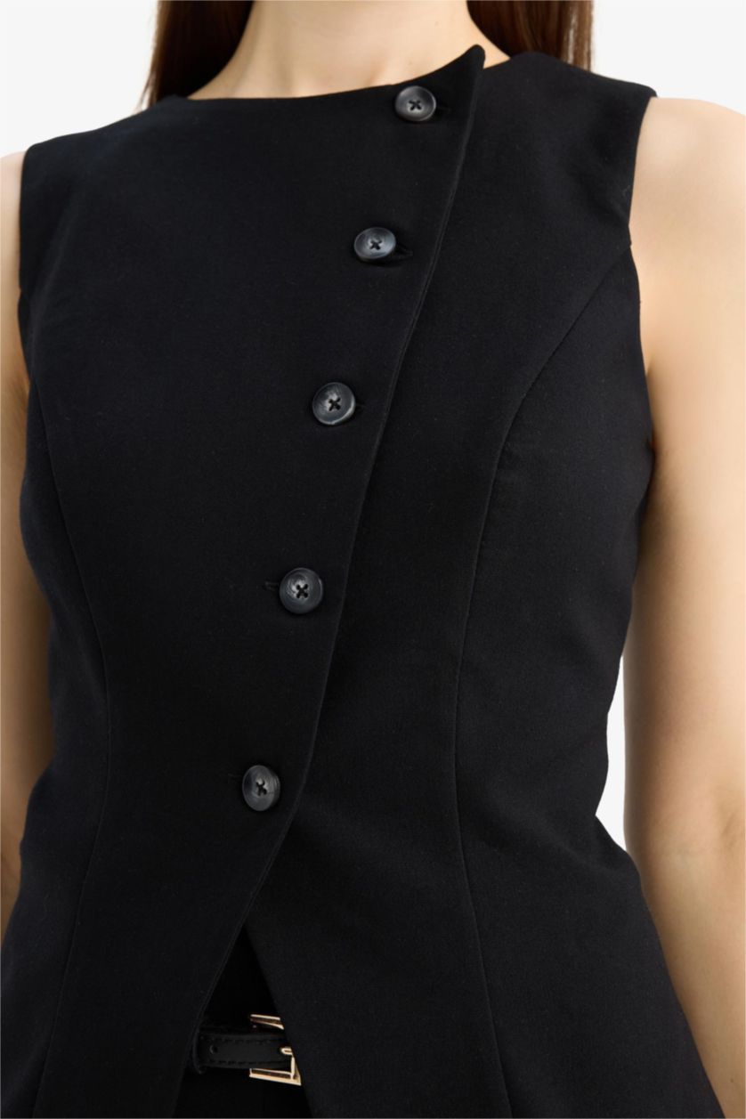 نساء أسود جيلي  قصة عادية برقبة مستديرة و أزرار