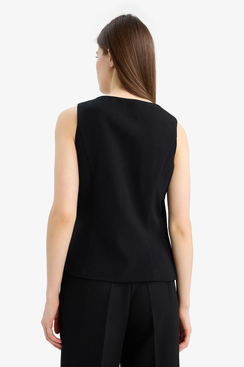 نساء أسود جيلي  قصة عادية برقبة مستديرة و أزرار