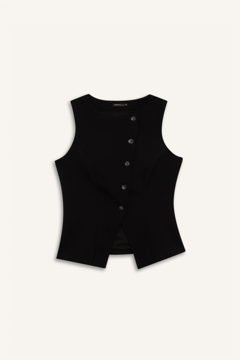 نساء أسود جيلي  قصة عادية برقبة مستديرة و أزرار