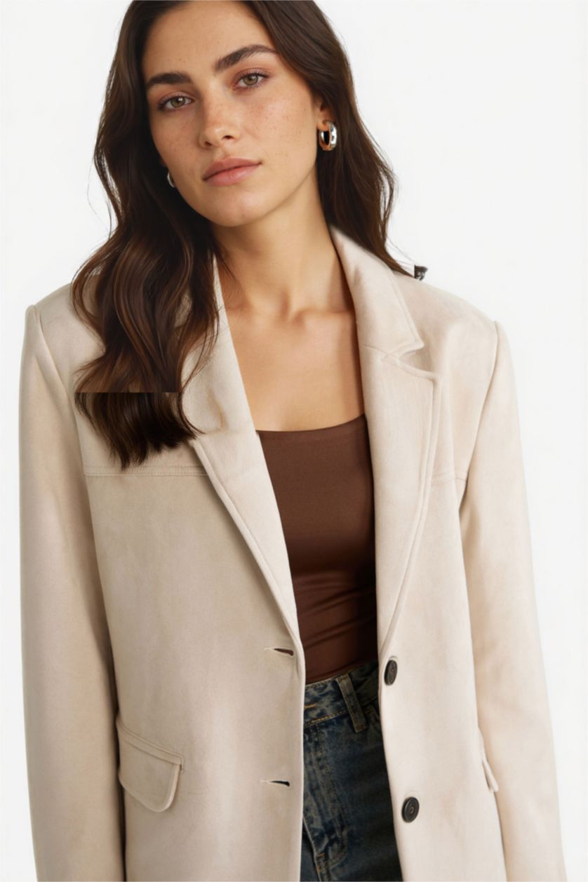 WOMAN Beige Regular Fit Jacket Collar Suede Blazer