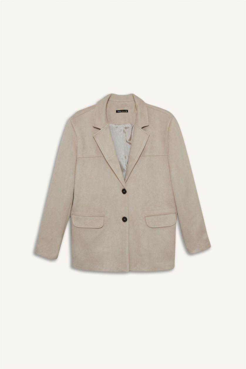 WOMAN Beige Regular Fit Jacket Collar Suede Blazer