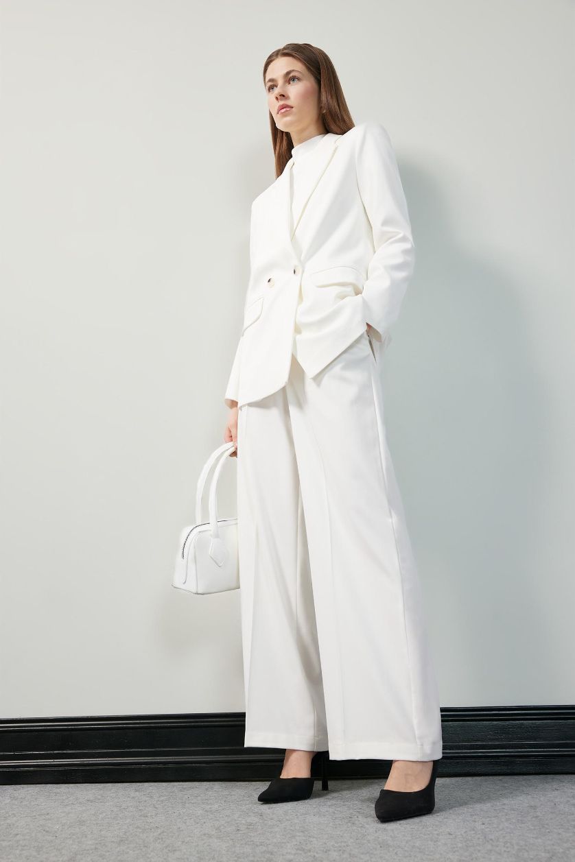 Kadın Ekru Baggy Fit Fermuarlı Cepli Yüksek Bel Standart Boy Kumaş Palazzo Pantolon