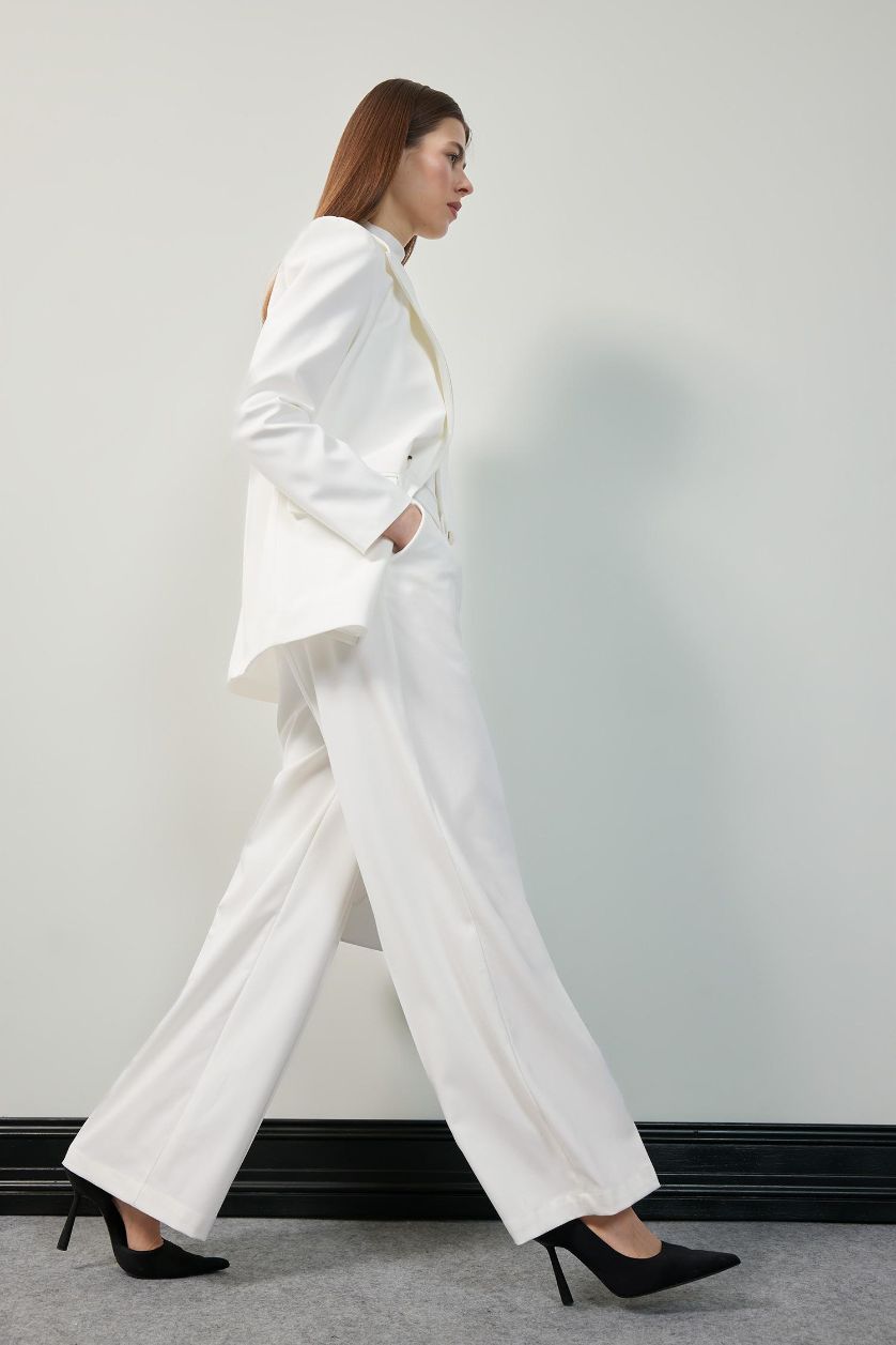 Kadın Ekru Baggy Fit Fermuarlı Cepli Yüksek Bel Standart Boy Kumaş Palazzo Pantolon