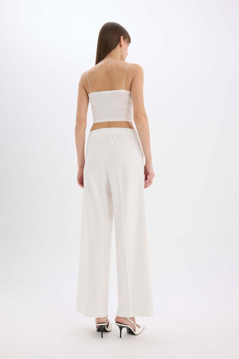 Kadın Ekru Baggy Fit Fermuarlı Cepli Yüksek Bel Standart Boy Kumaş Palazzo Pantolon