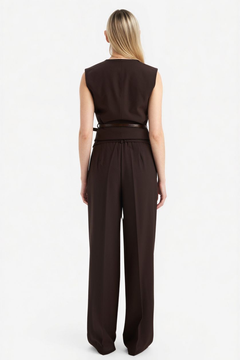 Kadın Kahve Straıght Fıt Fermuarlı Yüksek Bel Standart Boy Pantolon