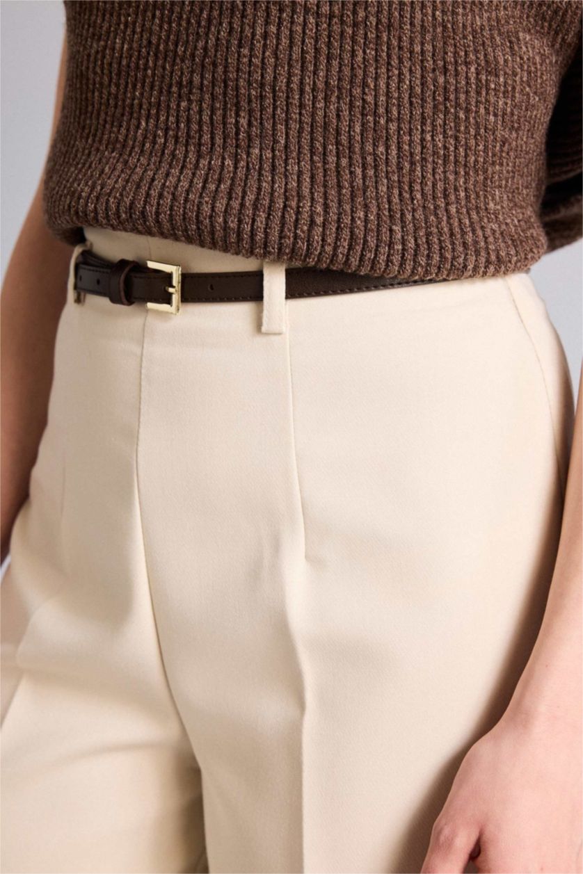 Kadın Bej Culotte Yüksek Bel Düz Paça Pantolon