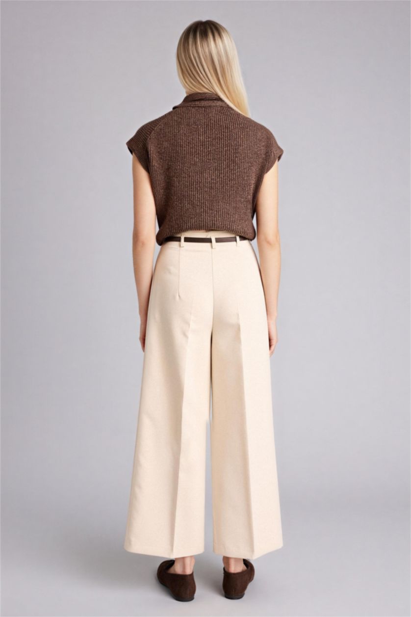 Kadın Bej Culotte Yüksek Bel Düz Paça Pantolon