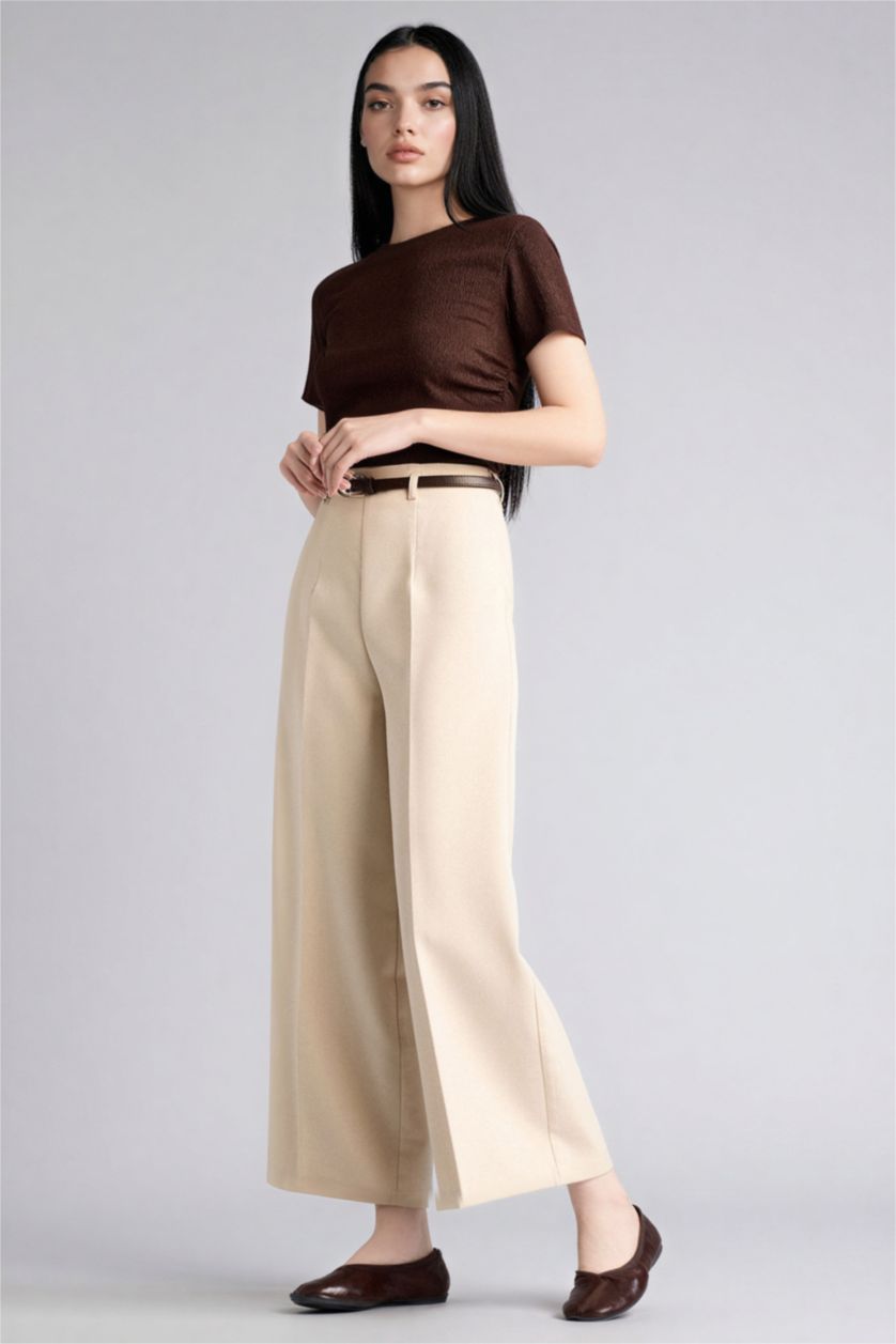 Woman Ecru Culotte Fit Regular Hem Trousers