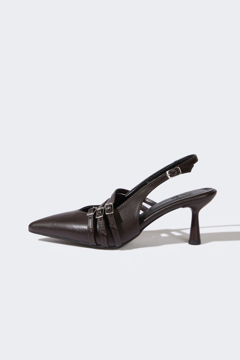 Woman Brown Woman Double Strap Faux Leather Heeled Sandals