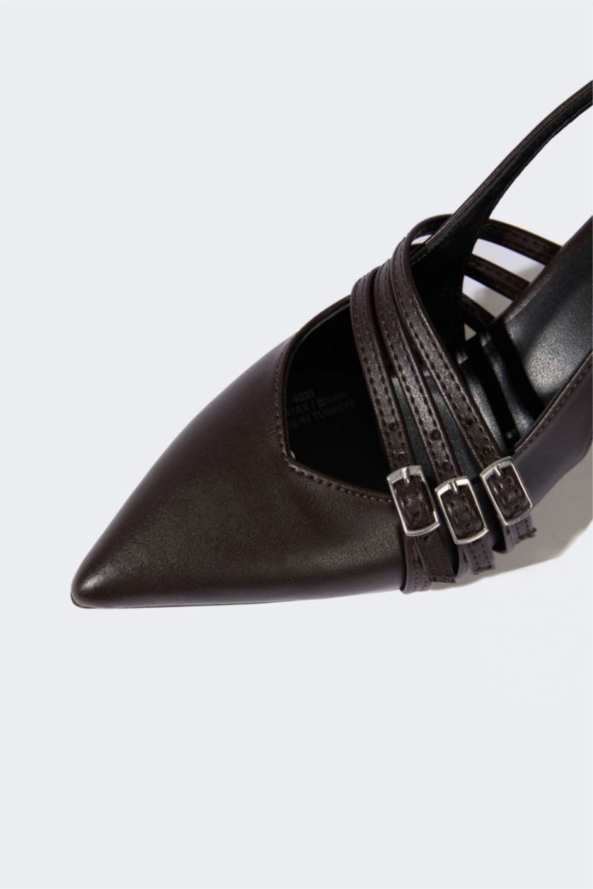 Woman Brown Woman Double Strap Faux Leather Heeled Sandals