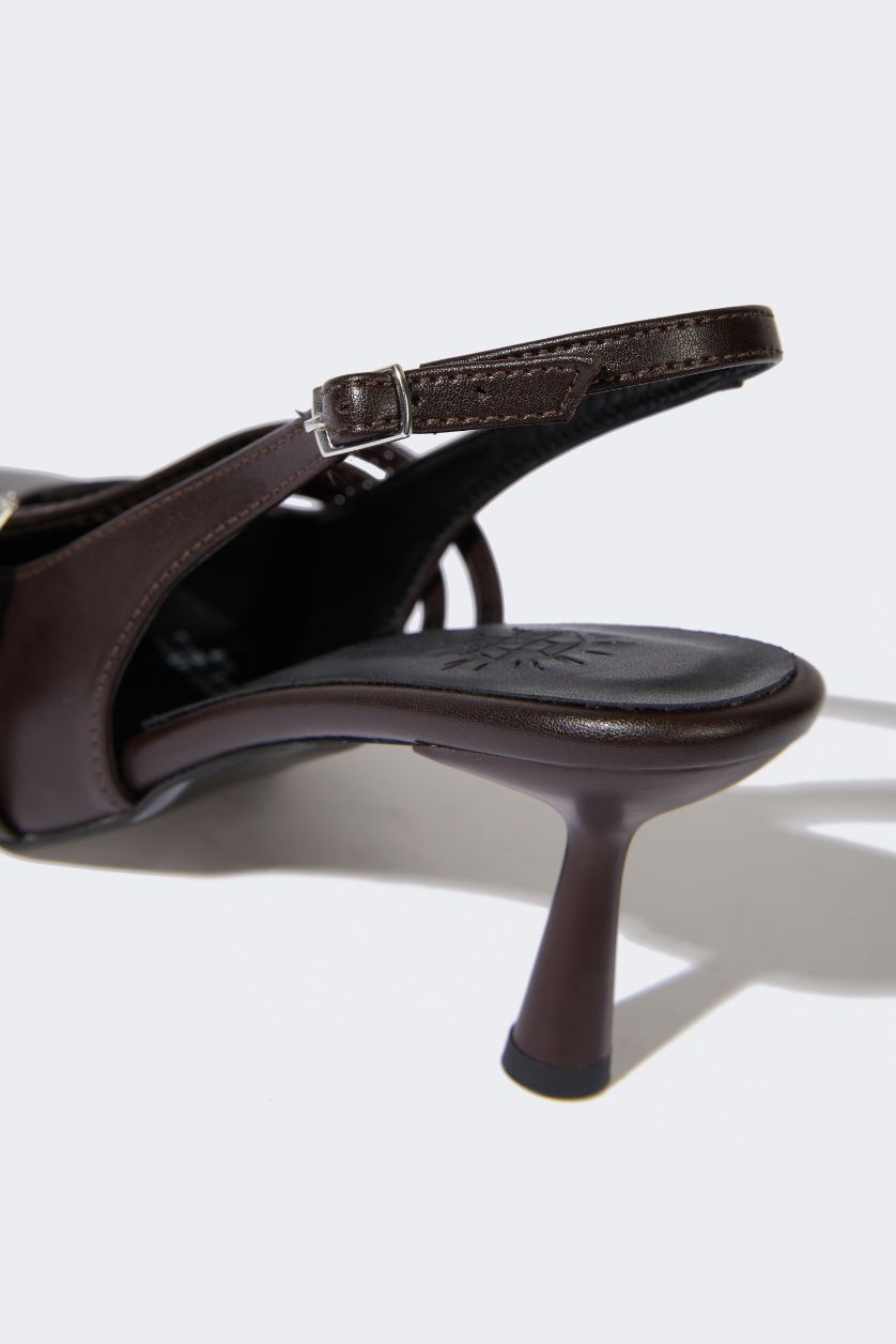 Woman Brown Woman Double Strap Faux Leather Heeled Sandals