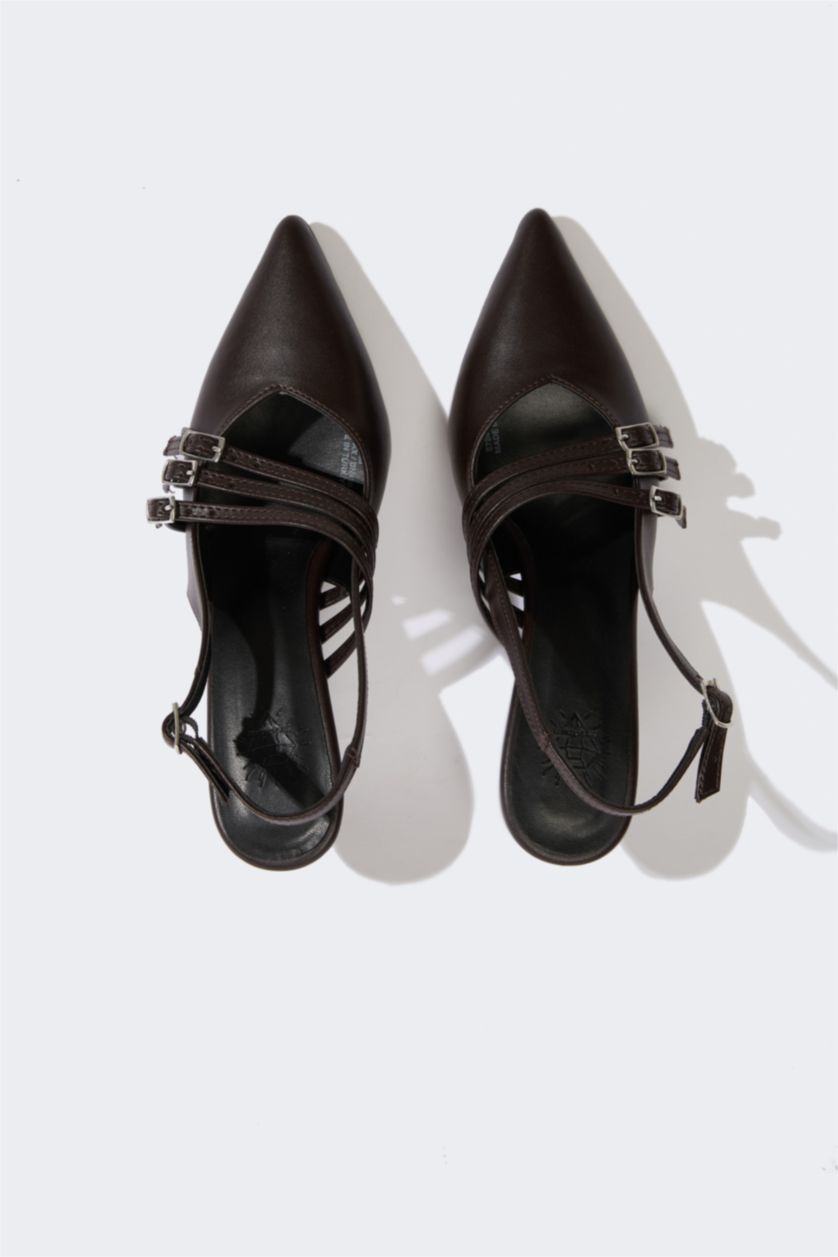 Woman Brown Woman Double Strap Faux Leather Heeled Sandals