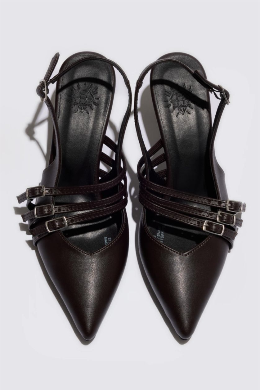 Woman Brown Woman Double Strap Faux Leather Heeled Sandals