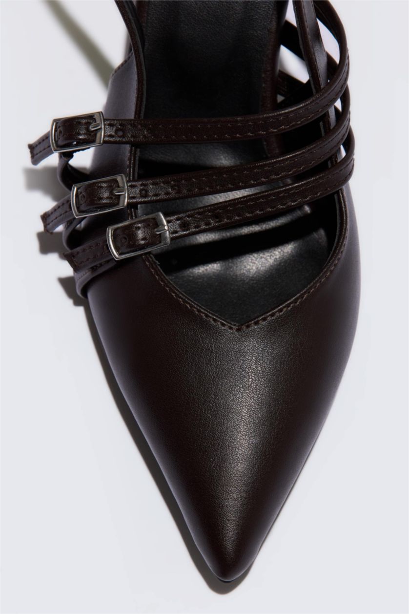 Woman Brown Woman Double Strap Faux Leather Heeled Sandals