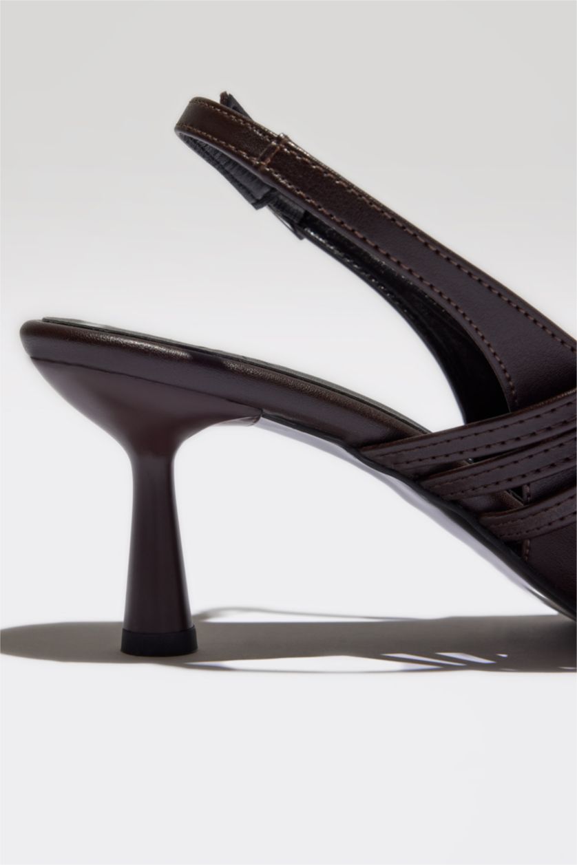 Woman Brown Woman Double Strap Faux Leather Heeled Sandals