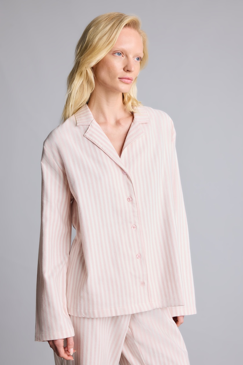 Kadın Açık Pembe Regular Fit Flanel Çizgili Uzun Kollu Üst Uzun Alt Pijama Takımı