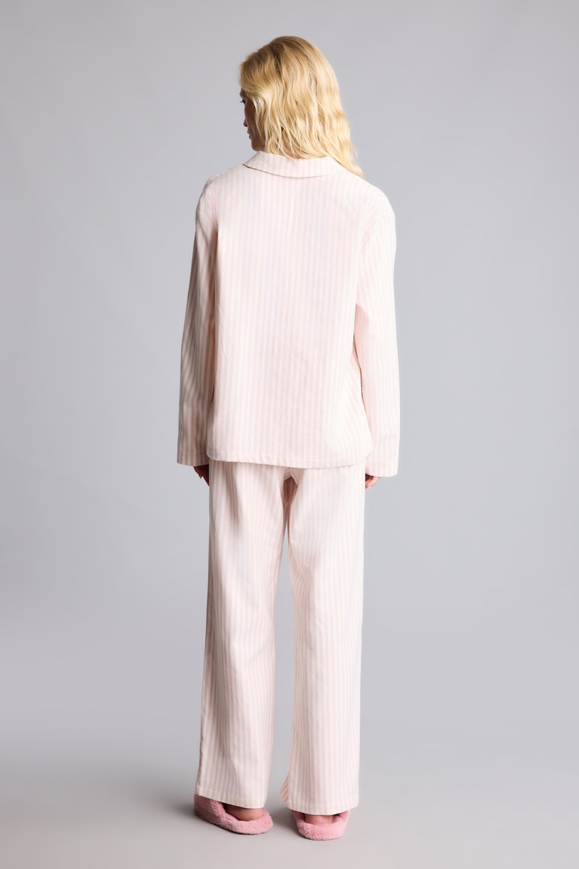 Kadın Açık Pembe Regular Fit Flanel Çizgili Uzun Kollu Üst Uzun Alt Pijama Takımı