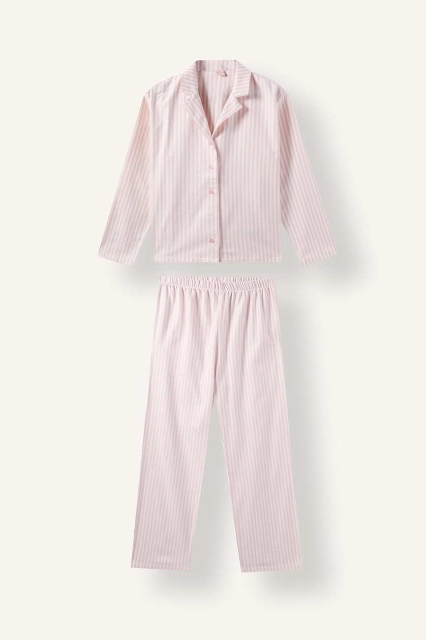 Kadın Açık Pembe Regular Fit Flanel Çizgili Uzun Kollu Üst Uzun Alt Pijama Takımı